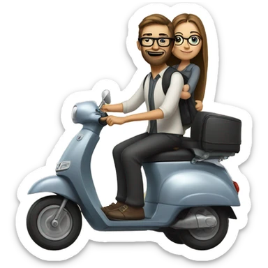Boy with long hair, beard, and glasses, riding a black scooter with a girl on the back wearing glasses and trousers and blouse  sticker