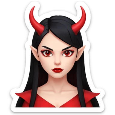Head only demon girl, strong pronounced cheekbones, sharp angular jawline, skin fully pure red everywhere, long straight sleek black hair, small ho sticker