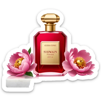 "A vintage red perfume flacon with a golden cap, set among pink peonies on a marble vanity. The soft glow highlights its old-world charm and refined elegance." sticker