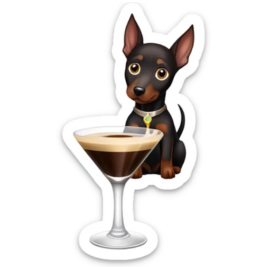 Black Miniature Doberman with cropped ears, sitting in an espresso martini sticker