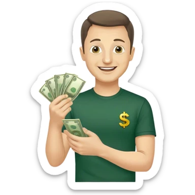 Photorealistic Vladimir Zelensky very happy holding money in his hands, dark green shirt sticker