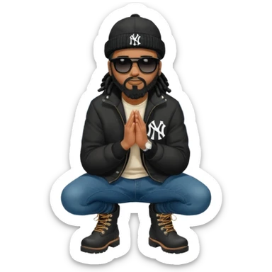 African American man with shoulder length black dreadlocks with black beard wearing black sunglasses wearing a black bubble winter coat wearing a New York Yankees baseball hat wearing denim skinny jeans and timberland boots kneeling in prayer sticker