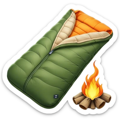 Cinematic Realistic Sleeping Bag, plush and slightly wrinkled, rich fabric texture catching the firelight, glowing with warmth and inviting coziness, nestled within a peaceful campsite. sticker