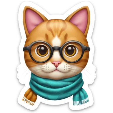 apple emoji style cat head, smooth and rounded, unique fur pattern and color, large eyes with varying eye colors, wearing both a scarf with different color and design and tinted glasses, focus on accessories, no body parts sticker