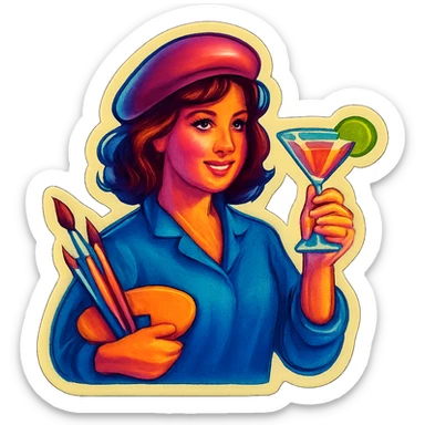 A sticker of a female artist with a glass of cocktail sticker