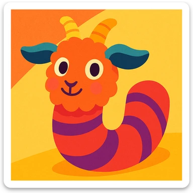 cute creature with goat's fluffy face and ears, smooth elongated worm body, friendly colorful illustration sticker