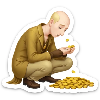 A hunched man with a greedy expression and a long nose counting his coins sticker