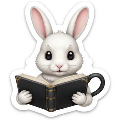  white rabbit with black book and tea cup sticker