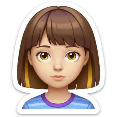 Girl with brown hair short with bangs, yellow skin, has a face like this "-_-", wearing a blue purple striped shirt. sticker