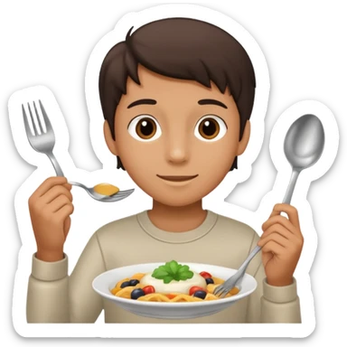 middle school student with a fork and spoon, enjoying a meal, simple background sticker