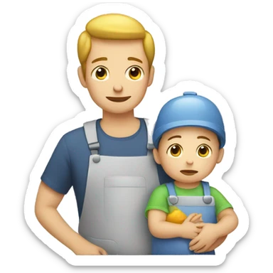tired man with baby doing chores sticker