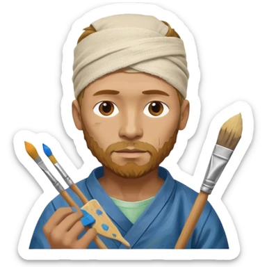 van gogh paints on a canvas. his ear is bandaged. sticker