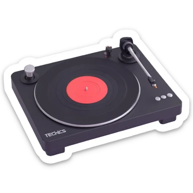 Make the Technics-style turntable look more vintage with playful rounded features in a Disney Pixar 3D style. Use a predominantly black color scheme, avoid neon colors entirely, and keep the look vintage and playful without neon. sticker