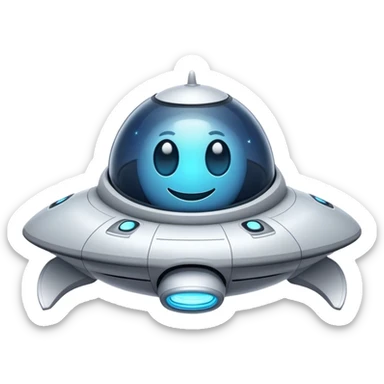 Design a simple, friendly spaceship with a smooth, rounded shape. Add a clear 'face' on the front using glowing lights for eyes and a curved line for a smile, giving it personality. Use a plain background to keep the focus on the ship sticker