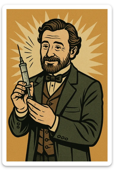 A caring looking victorian doctor holding a vaccination sticker