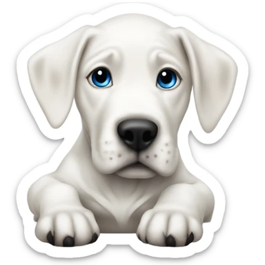 Blonde hair blue eye baby riding a white Great Dane with black s be pots sticker