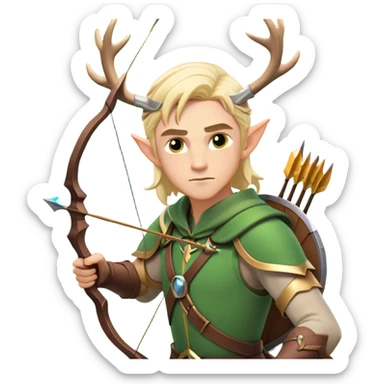 clash-of-clans-aesthetic-blond-male elf-archer-portrait-emoji, rendered in a flat, vector-style with minimal shading and bold holding his bow, simplified shapes, head tilted slightly forward with a determined, focused expression, riding a majestic stag whose antlers glow with mystical energy, set against an ancient, enchanted forest backdrop. sticker