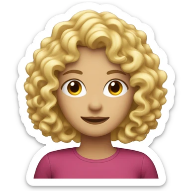 curly blonde female behind a computer sticker