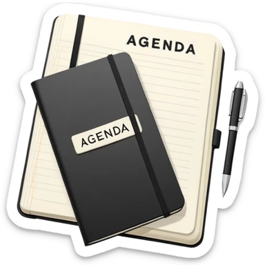 An open black Moleskine notebook with 'AGENDA' written in bold at the top of the page and meeting items with bullet points clearly visible below sticker