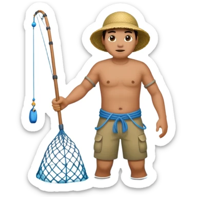 A Polynesian fisherman standing in the water fishing with a large net sticker