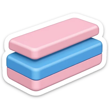 classic dual-color eraser with one half in soft pink and the other in blue, slightly beveled at the ends, matte texture, lightly rounded corners, used but clean surface, no branding, pencil, or paper, soft lighting, subtle shadows, emoji scale sticker