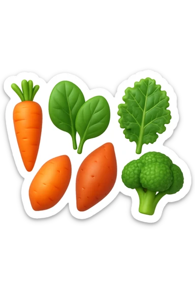 emoji 3d stile iphone di cinque cibi vegetali, vitamina A e glutammina che fluttuano in aria 3d sticker