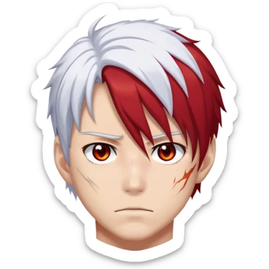 Shoto Todoroki face only, left side white hair, right side red hair, heterochromatic eyes, burn scar on left side of face, serious expression sticker