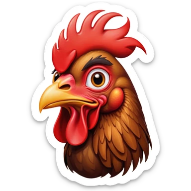 Cinematic Comical Brown Rooster Portrait Emoji, Head tilted dramatically with an exaggeratedly amused expression, featuring a striking, glossy brown plumage with a bold red comb, wide, expressive warm eyes filled with playful disbelief, Simplified yet hilariously expressive features, highly detailed, glowing with a slightly sassy glow, high shine, dramatic yet playful, stylized with an air of cheeky mischief, bright and endearing, soft glowing outline, capturing the essence of a spirited and over-the-top rooster, so meme-worthy it feels like it could crow its way into internet fame instantly! sticker