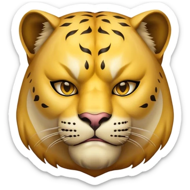 a fat man, with a vest,  wear half-face golden panther mask sticker