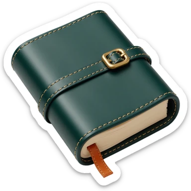 leather-textured notebook icon in skeuomorphism style with stitching details and realistic shading, dark green leather cover sticker