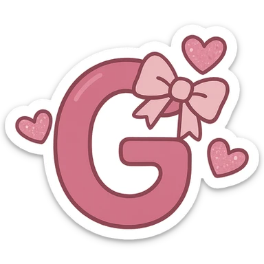 flat-toon style dark pink letter G with a light pink bow and floating glittery pink hearts sticker