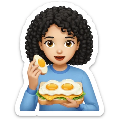 Girl with black curly hair eating egg sandwich sticker