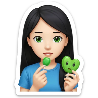 A girl with long black hair and black eyes wearing a blue t-shirt holding a piece of green hard candy in one hand and a green candy wrapper showing a guava on it in the other hand sticker