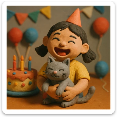 asian girl laughing, holding a grey cat, birthday party, claymation style sticker