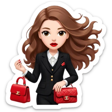 White girl with brown long hair dressed up in black chanel tweed suit with a red chanel bag and red lipstick. Close up with wind blowing her hair looking fancy sticker