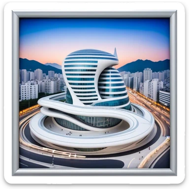 Realistic Dongdaemun Design Plaza (DDP) Landmark Emoji, featuring the iconic curving silver structure with futuristic architecture, illuminated pathways, and a sleek modern design set against the Seoul cityscape. sticker