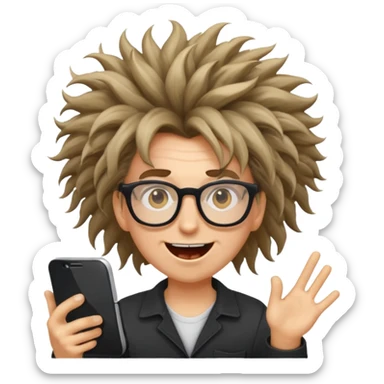 crazy programmer with wild hair, glasses, energetic expression, emoji style sticker