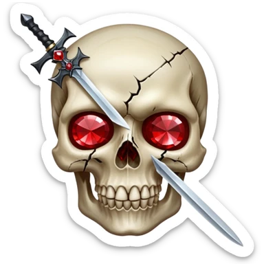 make me a red crystal skull partly see thew super gem like make it realistic and held together by a black bow and a small dager to the eye with cracks coming from it  sticker