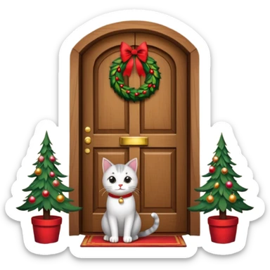 A door with a cat in front of it with h christmas elements on the door sticker