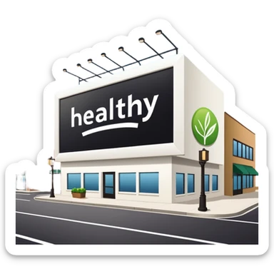make a billboard on top of a healthy restaurant building written on it "healthy"  sticker