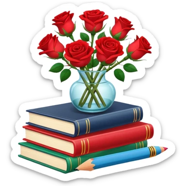 Five colorful books are stacked, along with a pencil holder full of crayons and a vase full of roses. The illustration style is cartoon. sticker