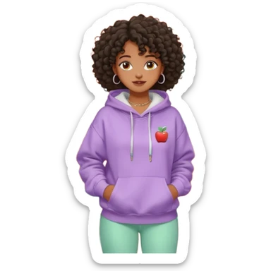 Black girl, clean girl aesthetic, 4C curly hair in a puff, pastel hoodie, white sneakers, minimal jewelry, soft smile, cozy vibe, bright colors, Apple-style café da manhã  sticker