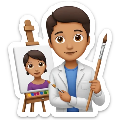 Artist with a paintbrush in front of an easel with a painting sticker