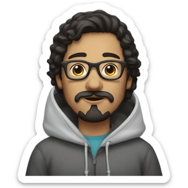 Young man with dark hair moustache and beard wearing a hoodie and glasses sticker