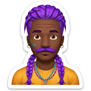 big lose braids starting from the top of the head man with mustache face wiith big visible loose only two braids and lots and lots of colored face tattoos colored tattoos like a tattoo artist hair unique color sticker