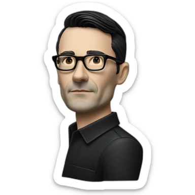 small photo realistic Ralf Hutter from Kraftwerk, short straight black hair, Dark Brown eyes, black glasses, thin, black shirt, side view, riding open top black tesla model 3 sticker