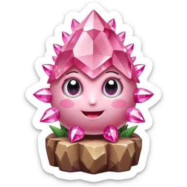 A single cute pink crystal cluster character, chunky round base with many tall rose-pink crystal spikes growing upward like a quartz cluster, faceted and slightly imperfect, on the front of the base a kawaii face with big shiny eyes and a happy open smile very shiny sticker