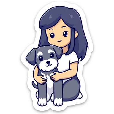 girl with long black hair holding a Schnauzer dog sticker