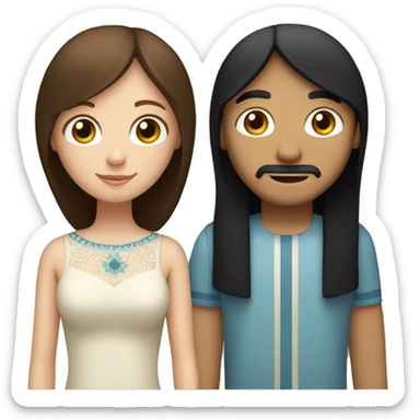 a married couple standing beside eachother, one has pale skin and long straight ginger hair with bangs and blue eyes, the other person is a man that is mexican and has straight chin length black hair with brown eyes sticker