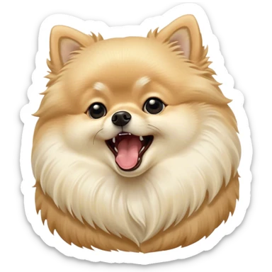 Cinematic Cute Yawning Cream Pomeranian Portrait Emoji, Head tilted slightly with a dramatic, wide-open yawn, showcasing a soft, fluffy cream Fur with gentle highlights, floppy ears slightly drooping, round dark eyes barely open in drowsy contentment, Simplified yet irresistibly adorable features, highly detailed, glowing with a soft, cozy glow, high shine, relaxed yet expressive, stylized with a touch of whimsy, bright and endearing, soft glowing outline, capturing the essence of a sleepy yet affectionate companion, so drowsy it feels like it could stretch right out of the screen and curl up for a nap! sticker